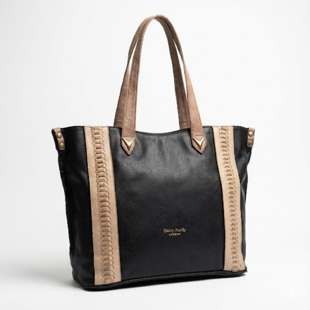 Darcy Marks Zip Top Work Tote Carryall Black Tan